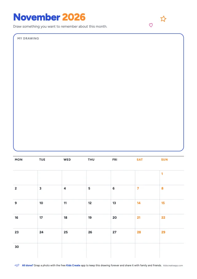 Preview of the November 2026 Drawing Calendar printable