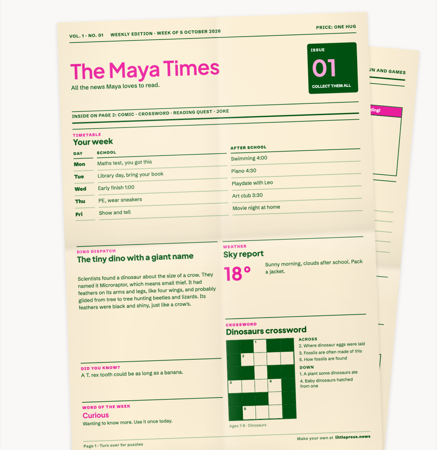 A Little Press newspaper called The Maya Times with a timetable, a dinosaur story, weather and a crossword